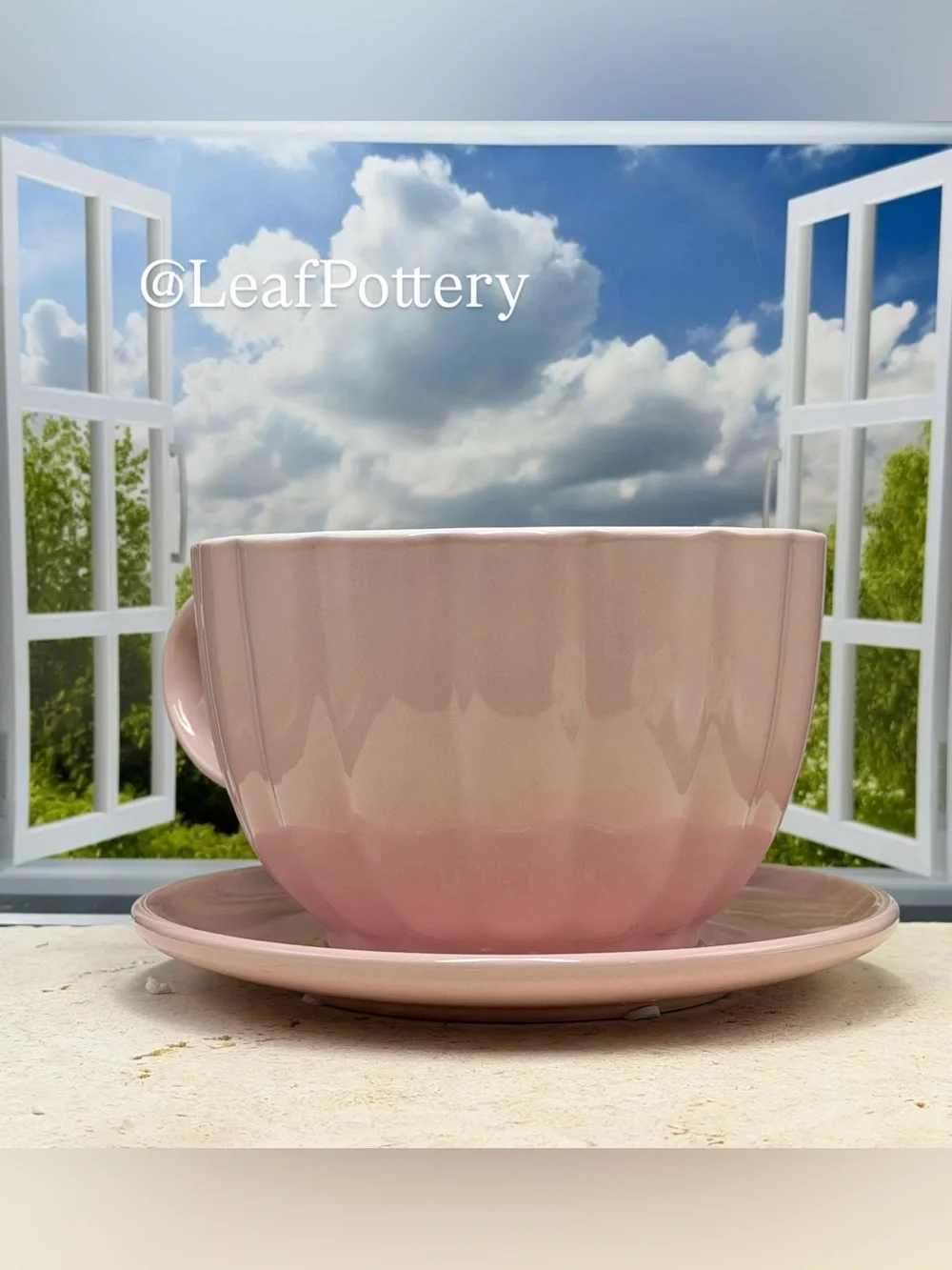 Large Pink Teacup Planter with Saucer & Drainage Hole | Unique Ceramic planter
